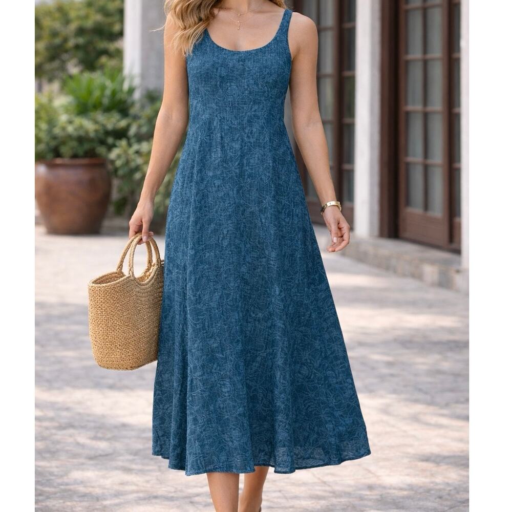 Vtg 90s Y2K LRL Ralph Lauren Sz 4 100% Linen Blue Floral Midi Dress Cortagecore